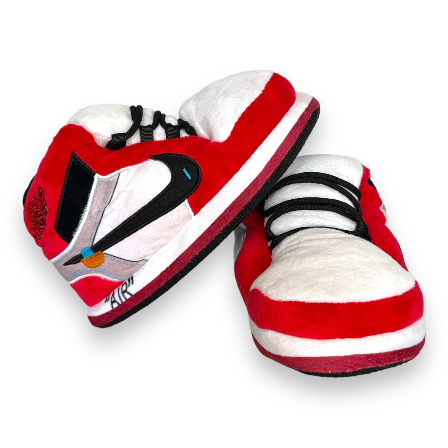 OG AIR Sneaker Slippers for kids – red, black, and white plush sneaker slippers with soft soles and cozy interior.