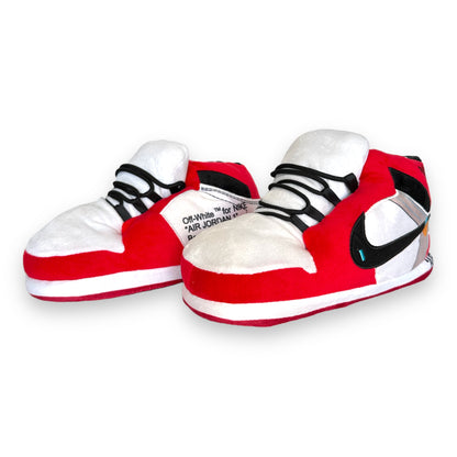 OG AIR Sneaker Slippers – red, black and white plush sneaker-style slippers for adults with soft foam soles on white background.