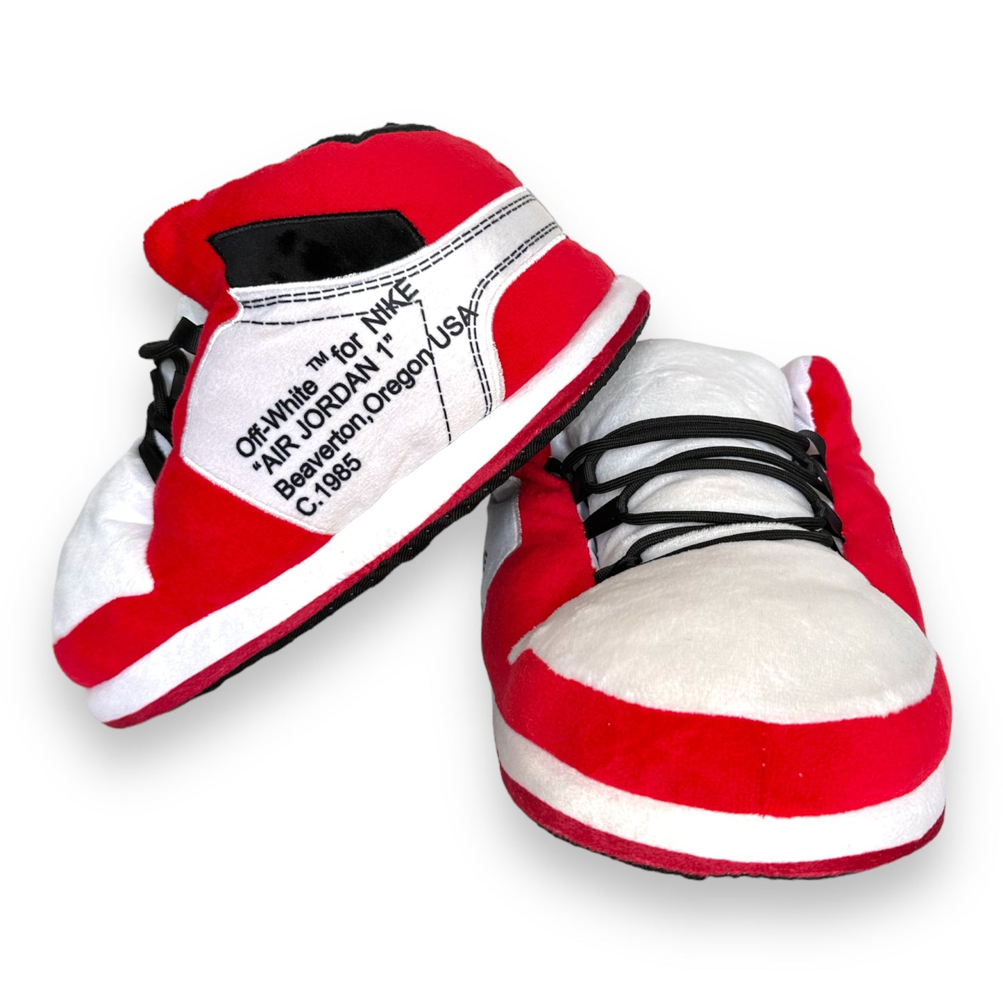 OG AIR Sneaker Slippers – red, black and white plush sneaker-style slippers for adults with soft foam soles on white background.