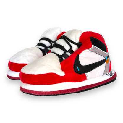 OG AIR Sneaker Slippers for kids – red, black, and white plush sneaker slippers with soft soles and cozy interior.