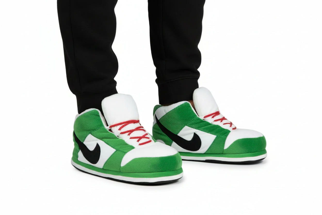 Model wearing Green Sneaker Slippers Adult size 