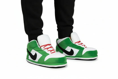 Model wearing Green Sneaker Slippers Adult size 