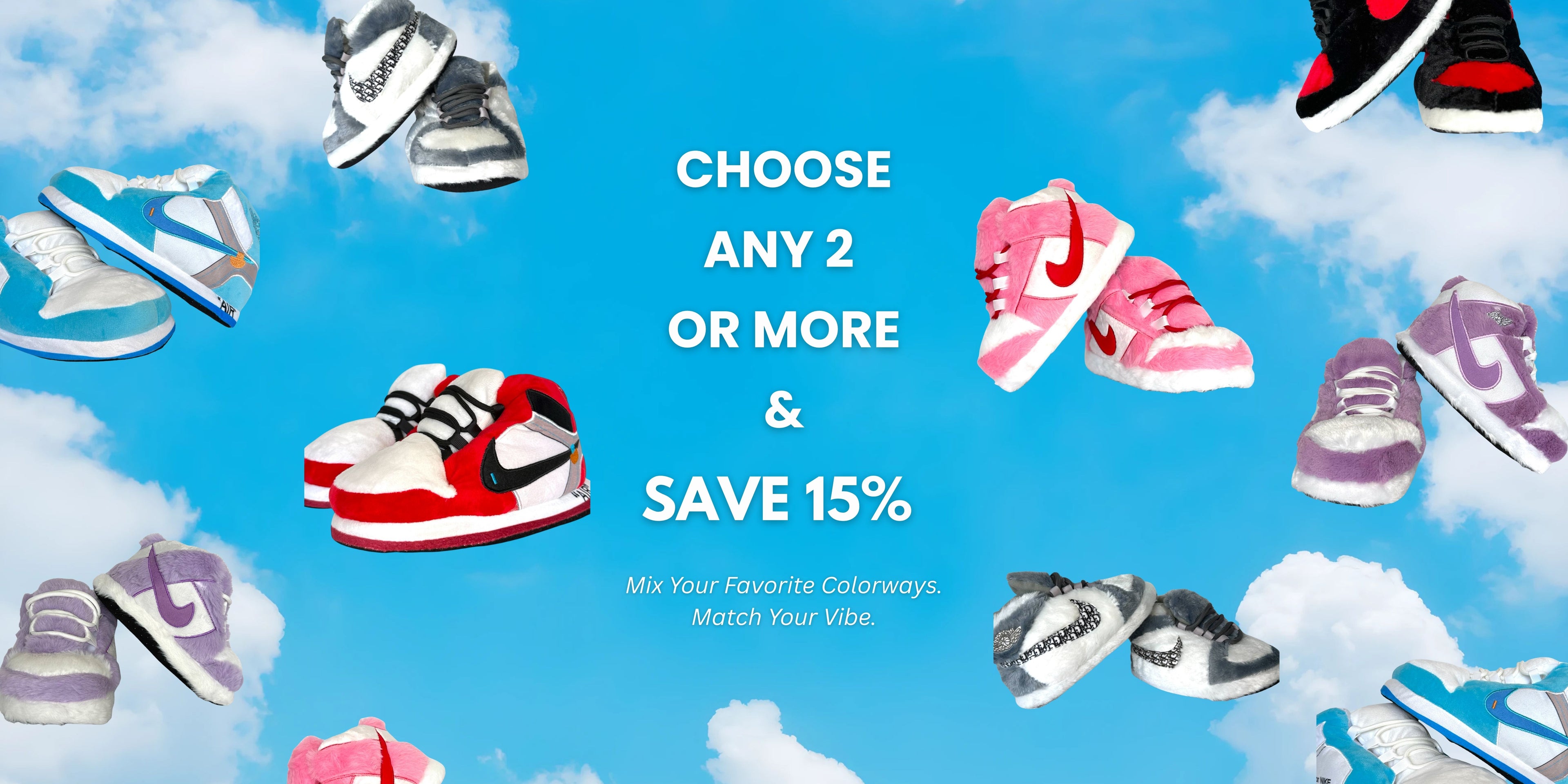 Colorful sneaker slippers floating on a blue sky background with text that says ‘Choose Any 2 or More & Save 15%. Promotion for Trend Sellers sneaker slippers.