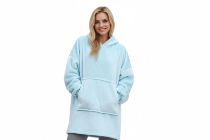 Blanket Hoodie Baby Blue - Sherpa lining - Wearable Blanket Front View - Model Shot in Studio