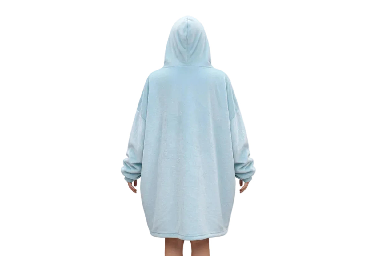 Blanket Hoodie Baby Blue - Sherpa lining - Wearable Blanket Back view model in studio shot