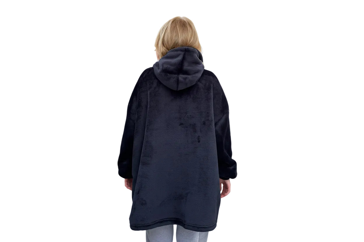 Blanket Hoodie Baby Blue - Sherpa lining - Wearable Blanket Back view model in studio shot
