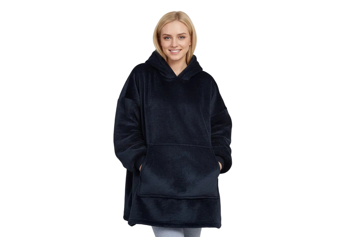Blanket Hoodie Black - Sherpa lining - Wearable Blanket Front View - Model Shot in Studio