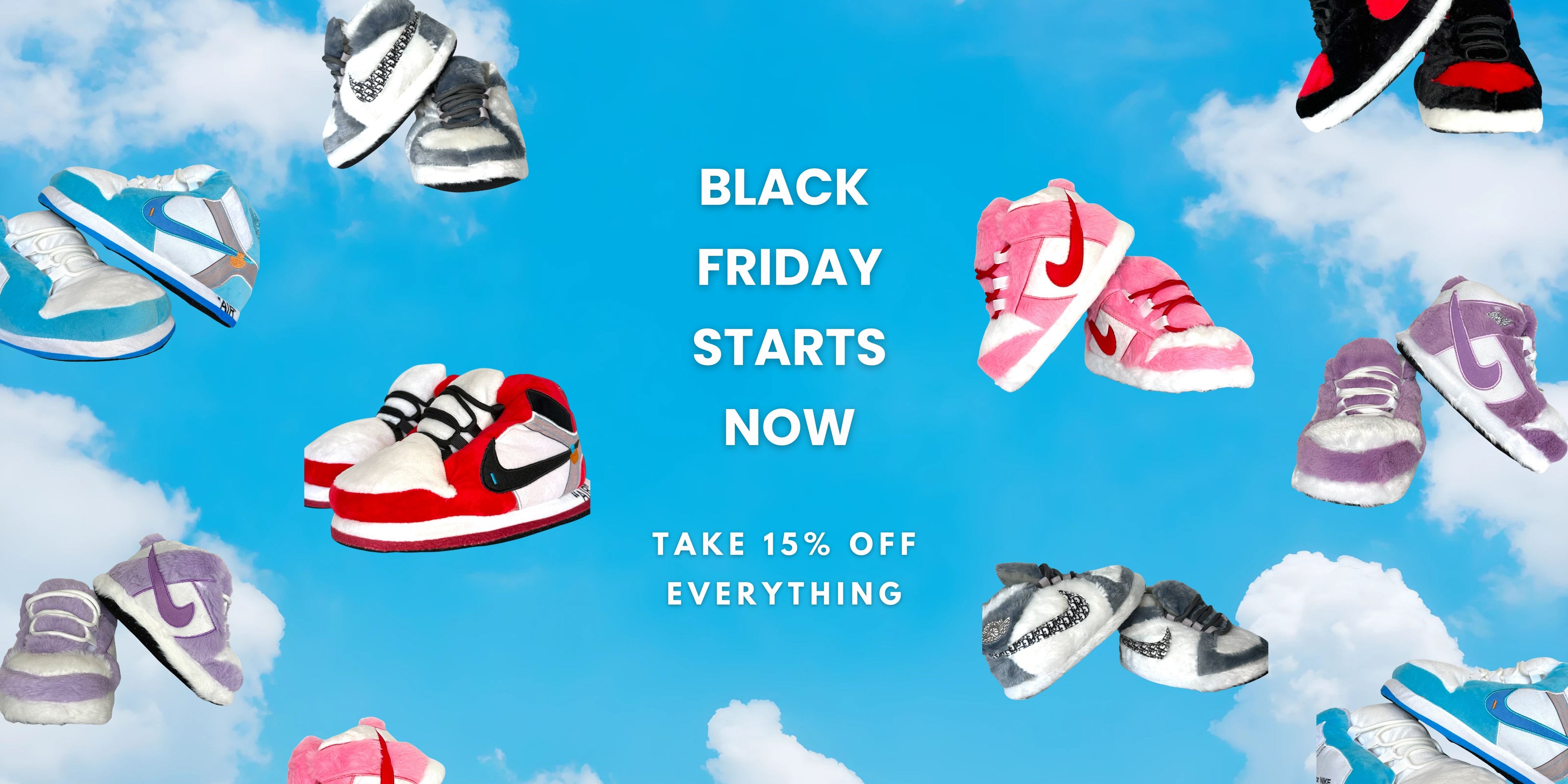 Blue sky banner with floating sneaker slippers promoting an Early Black Friday offer of 15% off sitewide.