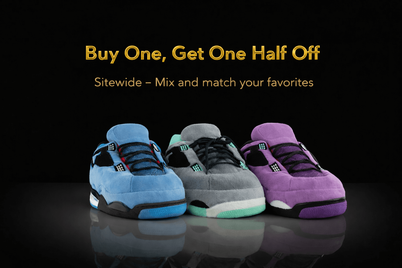sneaker slippers on promotional background - buy one get one half off