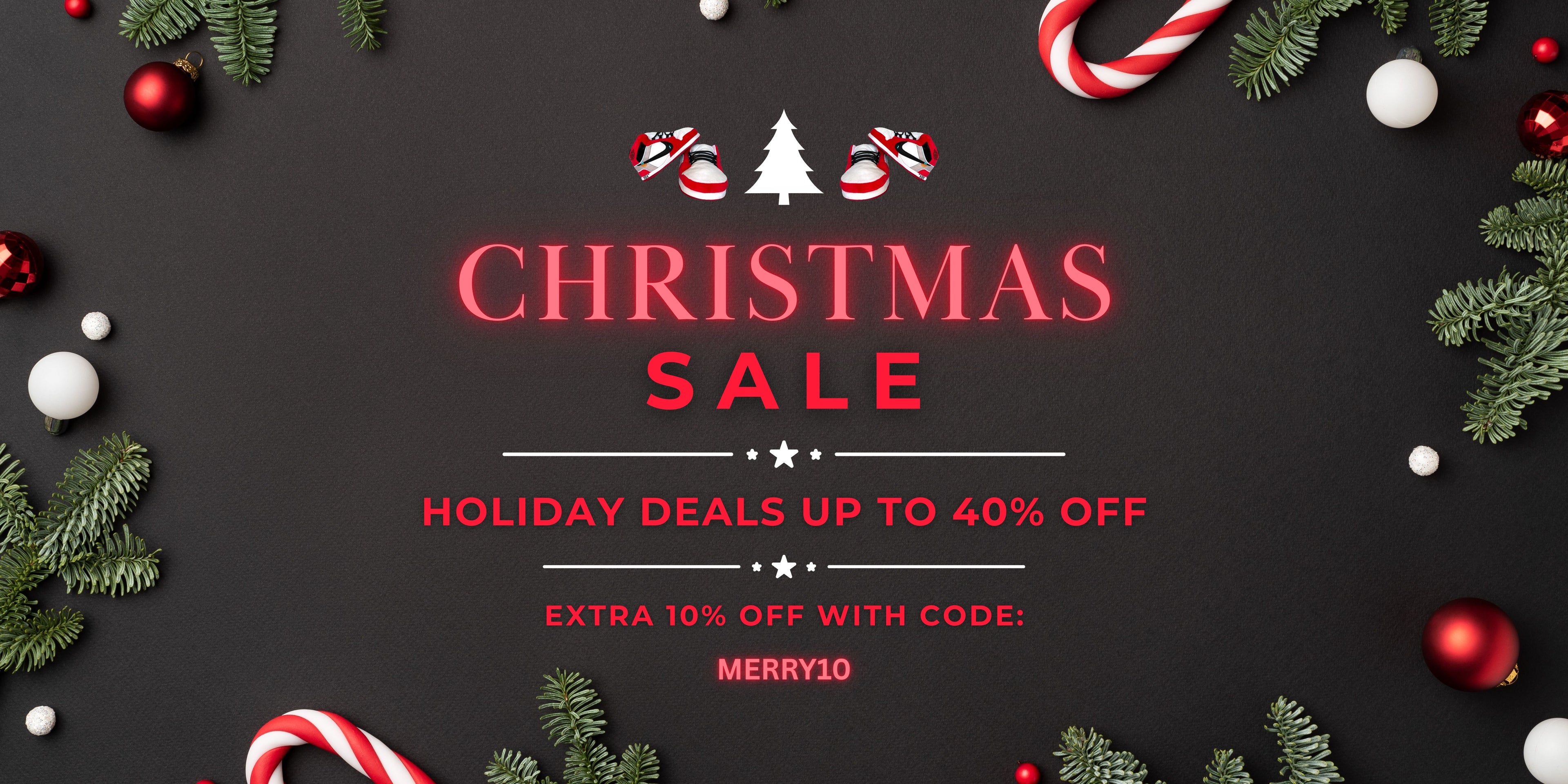 Christmas sale advertisement with festive decorations on a dark background