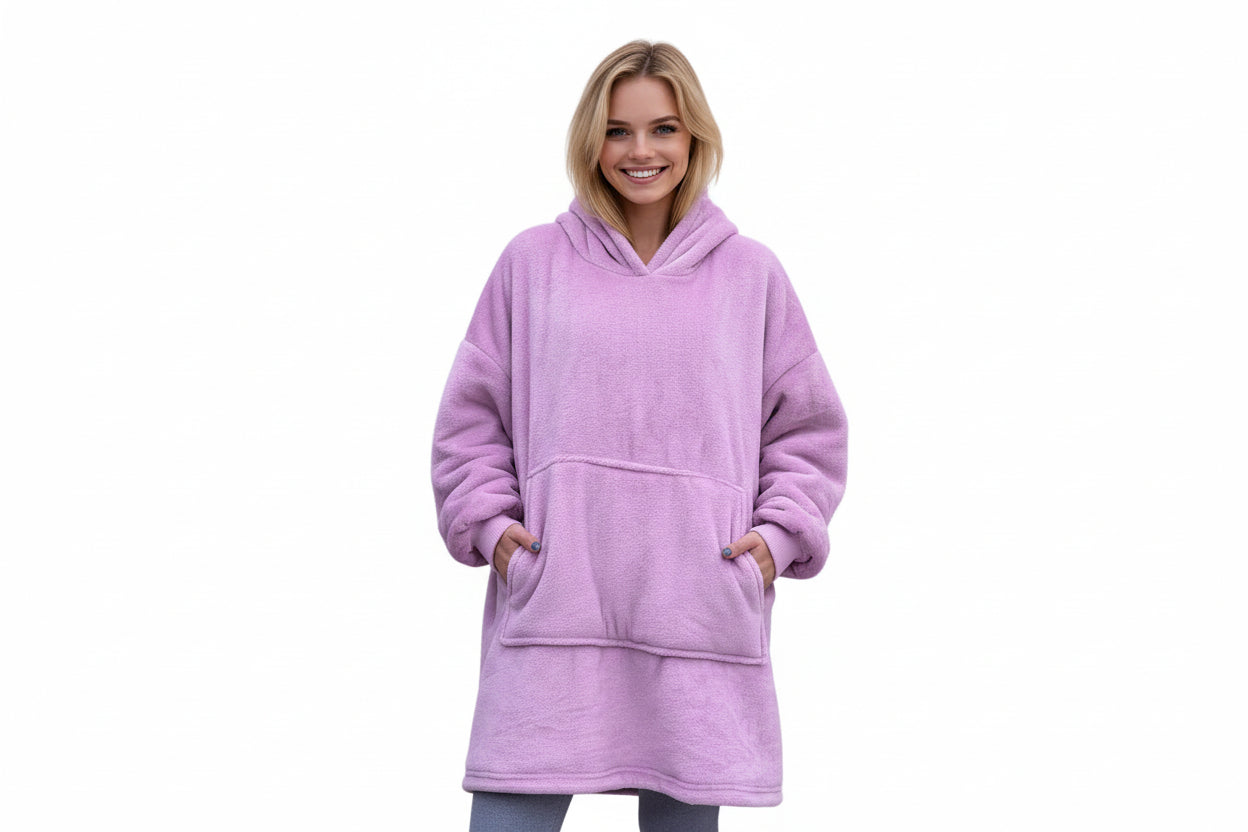 Blanket Hoodie Lavender - Sherpa lining - Wearable Blanket Front View - Model Shot in Studio
