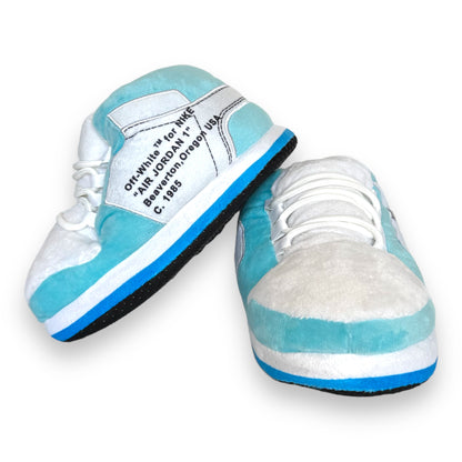 OG AIR Sneaker Slippers for kids – baby-blue and white plush sneaker-inspired slippers with soft foam soles and lace details.