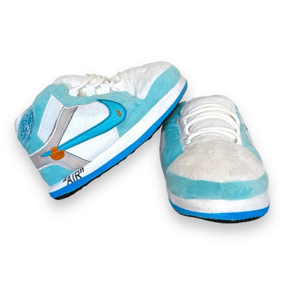 OG AIR Sneaker Slippers for kids – baby-blue and white plush sneaker-inspired slippers with soft foam soles and lace details.