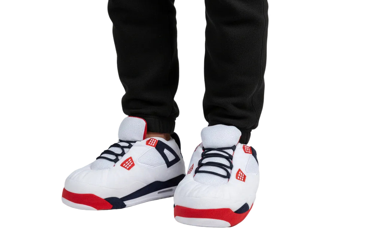 Model wearing White Retro 4 Sneaker Slippers Adult Size